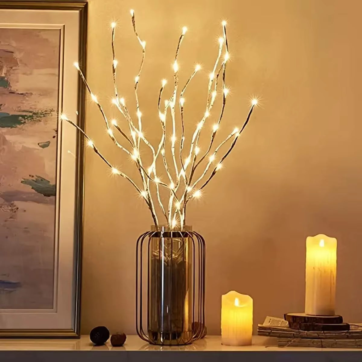 1 PC White Birch Branch Lights Battery Operated 20 LED Fairy Lights Willow Branches for Home Bedroom inside Outdoor Decoration