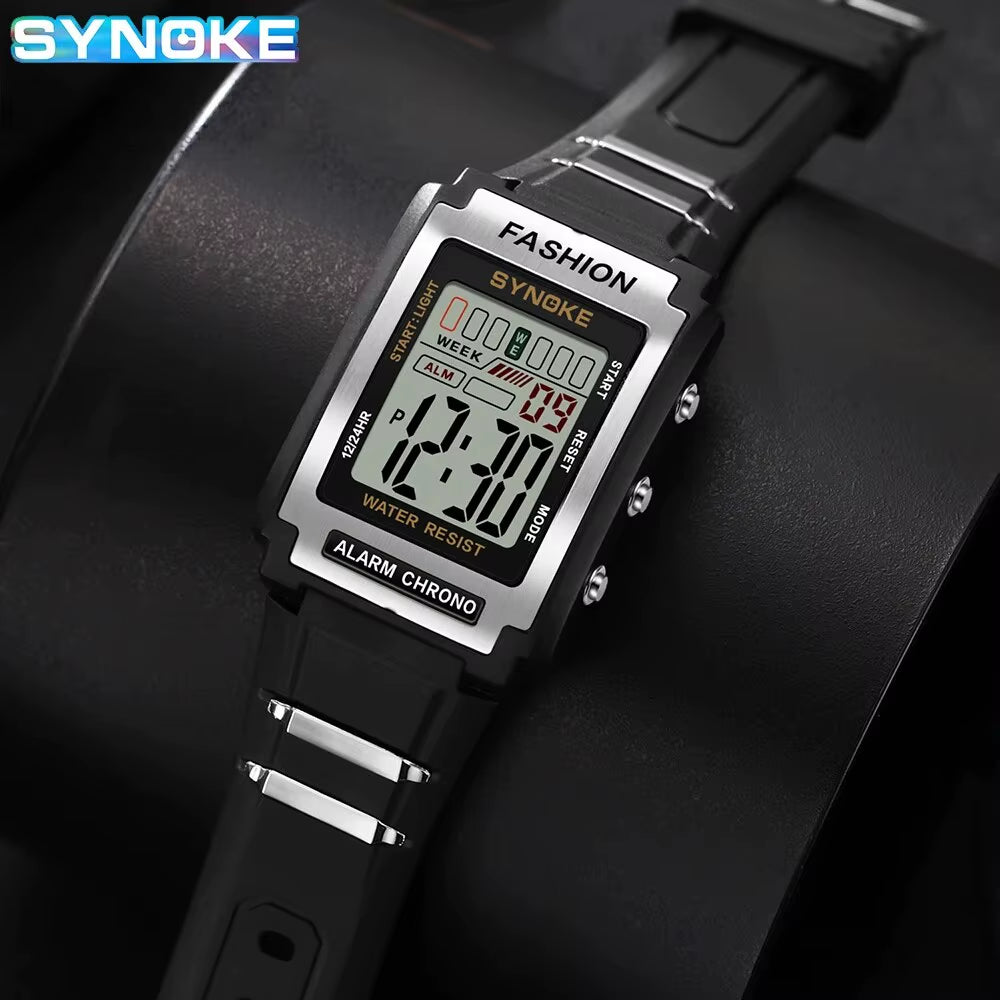 Men Rectangular Sports Electronic Watch Waterproof 50M Night Light Large Screen Alarm Clock Trend Retro Style