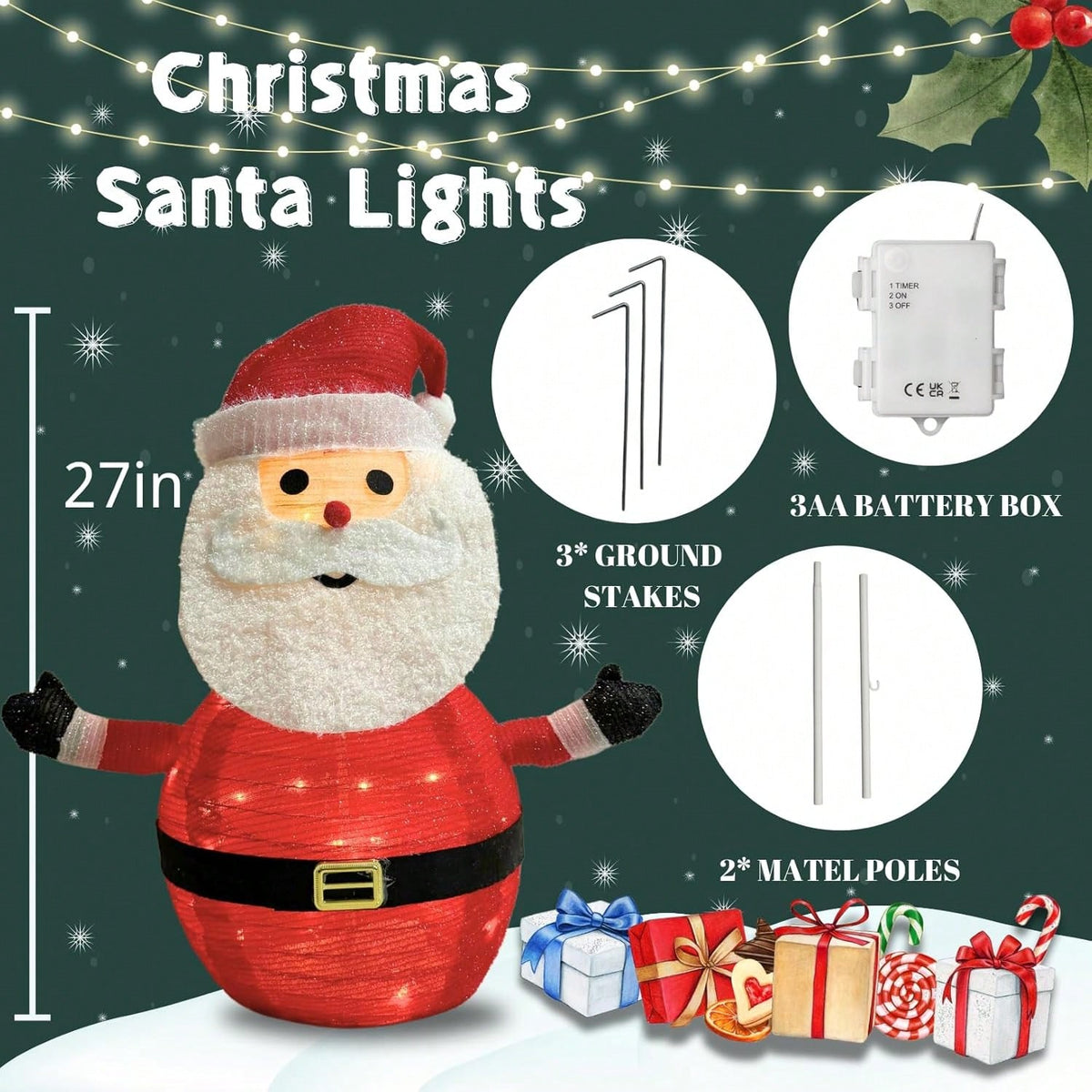 Lit Christmas Standing Decoration, 27-Inch Santa with 45 LED Lights, Foldable Pre-Lit Home Christmas Decoration, Suitable for Indoor and Outdoor Christmas Decoration, Garden and Yard Christmas Decoration, Outdoor Decorative Lights
